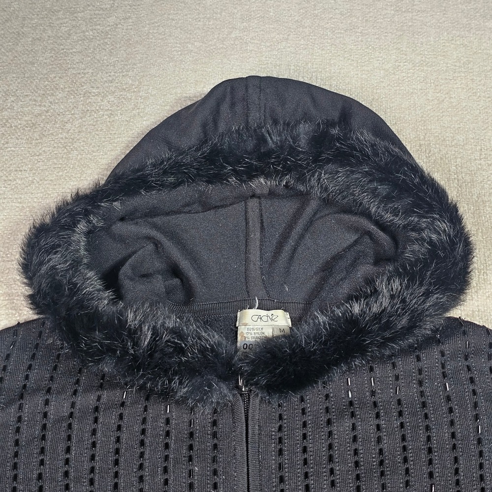 Cache Y2K Cardigan Sweater Zip Up Beaded Fur Trim Hooded Silk Blend Black ‎ M - Picture 4 of 13